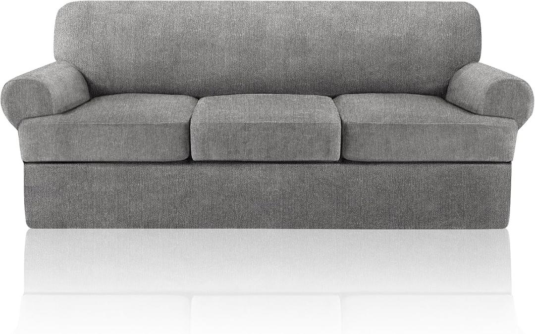 4 Piece T Cushion Sofa Slipcovers Stretch Couch Slip Cover for 3 Cushion Couch Sofa, Machine Washable for Living Room (Light Gray, 3 Cushions)