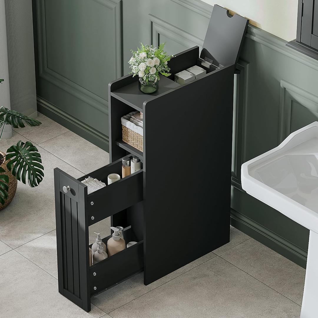 ChooChoo Slim Bathroom Storage Cabinet, Narrow Small Bathroom Organizer with Slide Out Drawer Storage, Toilet Paper Holder, for Small Spaces, Black, 15.74"D x 7.48"W x 28.35"H