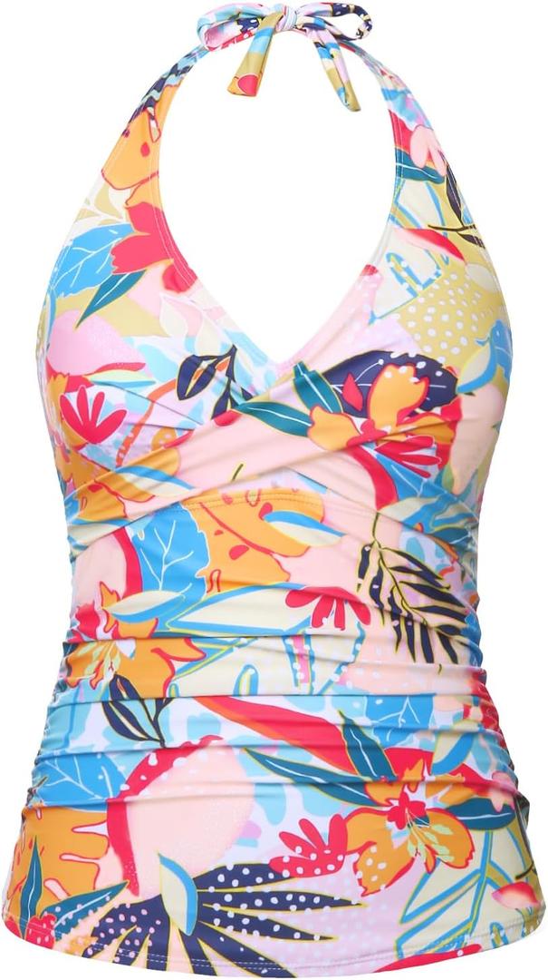 Tempt Me Womens Tankini Top Halter Tummy Control Swim Tops Only Twist Front V Neck Bathing Suit No Bottom (Colorful Floral), M