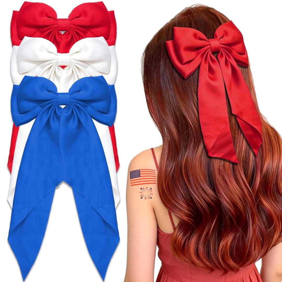 Red White Blue Hair Bow 4th Of July Bow for Women Girls Patriotic Bowknot Clip Forth of July Big Bows USA Independence Day Hair Accessories for Women Girls 3 Pack