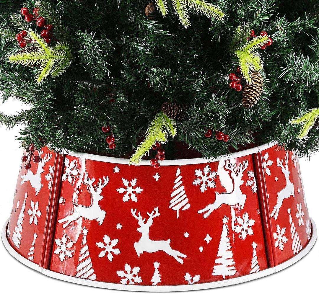 Metal Christmas Tree Collar, 26 in Round Christmas Tree Base Collar for Artificial Tree Decorations (Red White Deer Style) (Red White Deer Style)