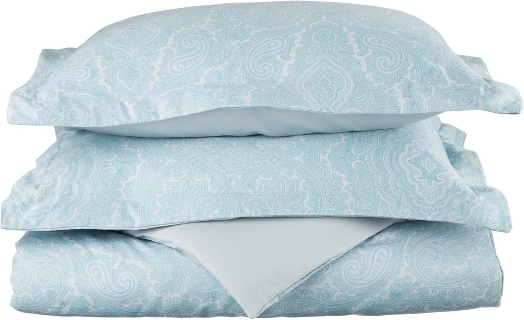 Superior Italian Paisley Cotton Blend 600 Thread Count Duvet Cover Set, Oversized Comforter Cover, Floral Bedding Essentials, Button Closure, Includes 1 Duvet Cover, 2 Pillow Shams, Full/Queen, Blue