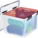 IRIS USA File Box WeatherPro File Organizer Plastic File Box for Letter/Legal File, Water Resistant Document Box, Durable Lid, Seal w/Secure Latching Buckles, Stackable, Nestable, Clear 32 Qt. 4Pack