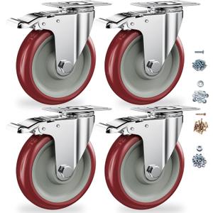 5 Inch Heavy Duty Casters with Brake - Set of 4, 1400lbs Capacity, Double Ball Bearing Non-Marking Caster Wheels, Plate Mount for Furniture, Cart, Workbench, Tool Cabinet, Garage Storage (4 Pack)