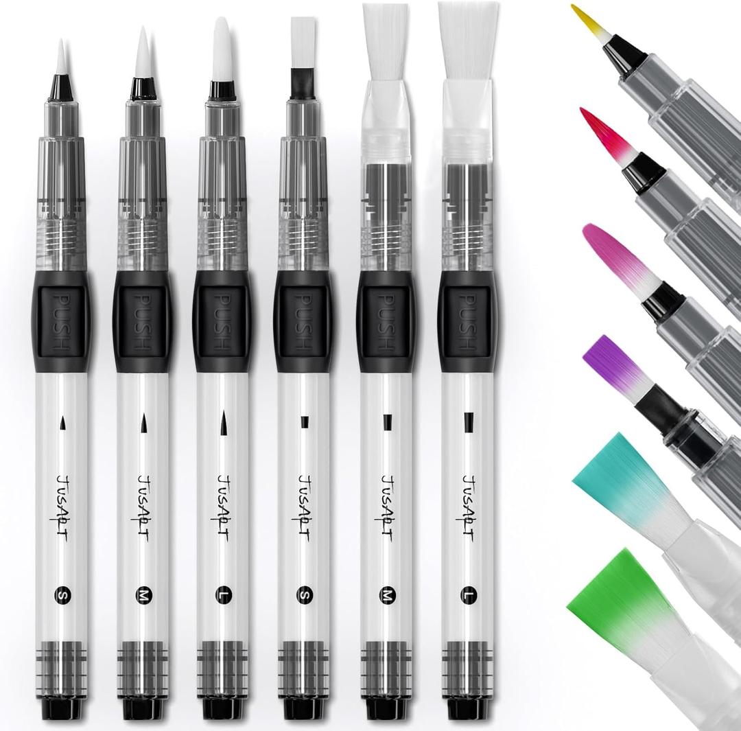 JusArt Water Brush Pens 6-Pack Leak-Proof Refillable Watercolor Pens for Acrylic and Gouache Painting - Includes Pointed & Flat Tip Styles - Portable Water Brushes for Artists, Beginners, Adults