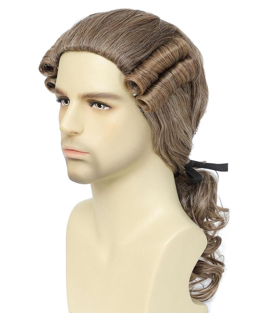 Colonial Style Historical Costume Wig, Men's Curled Judge Ponytail Design (Light Brown)