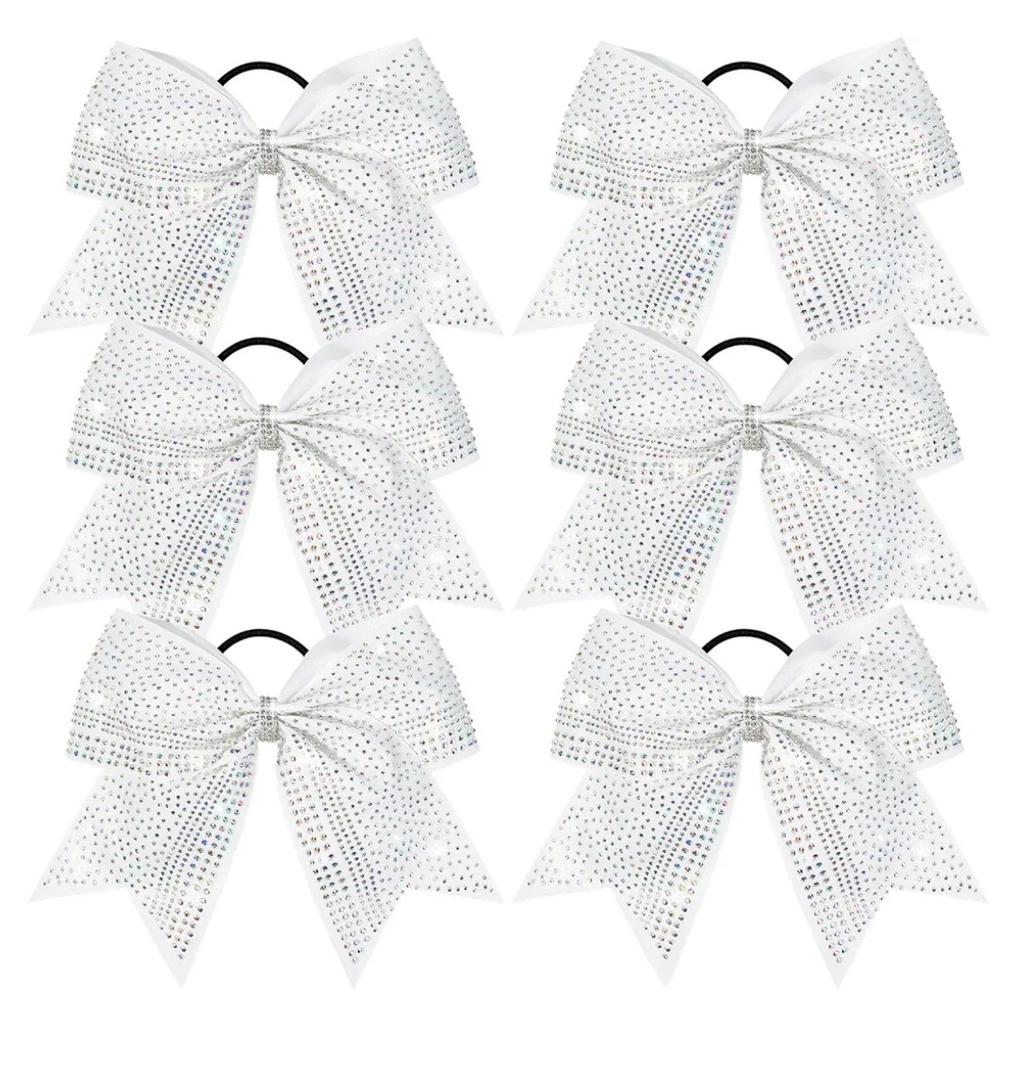 DEEKA 6PCS 8" Large Glitter Cheer Bows with Full Rhinestones Colorful Shimmer Shiny Cheer Hair Bows Elastic Band Ponytail Holder for Cheerleader Girls Sports -White
