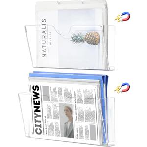 Qozary Clear Acrylic Magnetic File Holder - 2 Pack Magazine Rack for File Cabinets, Magnetic Mail Holder, File Organizer for Refrigerator, White Board, Office (Transparent, Medium)
