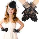 JenPen 2 Pcs Girls Tea Party Fascinators Hats with Lace Gloves Funeral Veil Hat Gloves for Church Wedding Accessories (Lace Black)