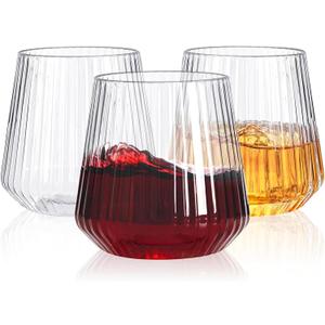 YOUBET 40 Pack Plastic Ribbed Wine Glasses - 14 OZ Clear Thicker Origami Stemless Disposable Wine Glasses - Heavy Duty Unbreakable Vintage Whiskey Cups for Wedding Parties Bar