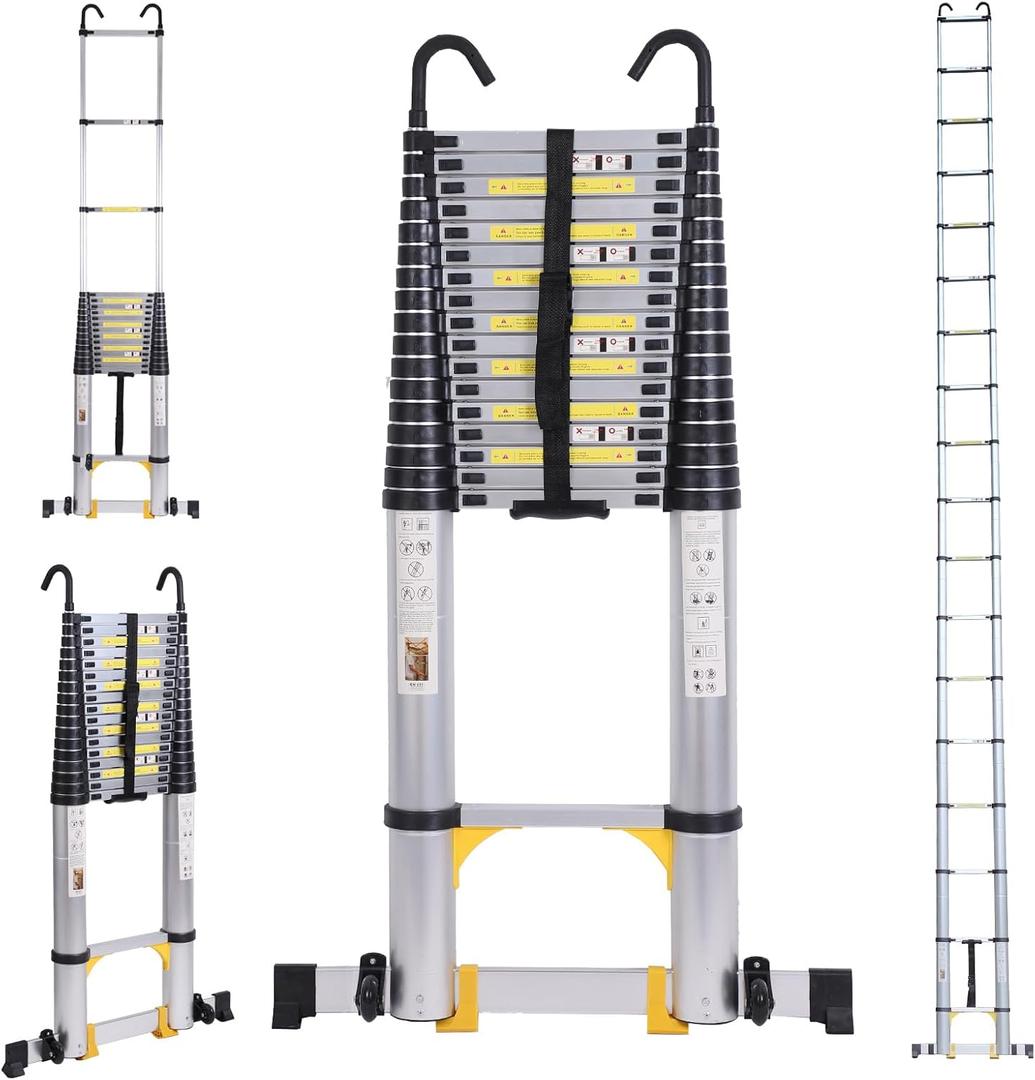 26.2FT Telescoping Ladder with Stabilizer Bar Wheels and Hooks, Multi-Purpose Extension Aluminum Folding Ladder Collapsible Adjustable Telescopic Ladders Extendable Ladder for Homeuse