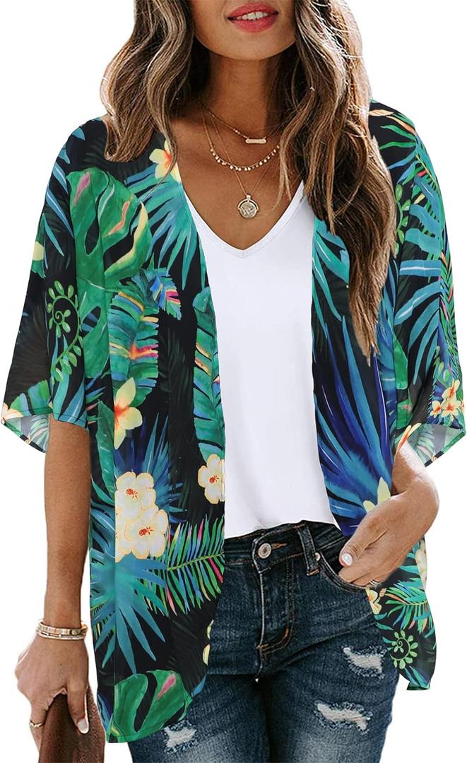 Women's Floral Print Puff Sleeve Kimono Cardigan Loose Cover Up Casual Blouse Tops (Medium, Black Green Tropical)