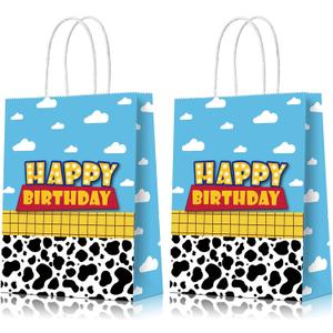 16 Pcs Cartoon Story Birthday Party Favor Bags, Cow Pattern Birthday Goodie Treat Bags Party Supplies, Blue Sky White Cloud Kraft Paper Candy Gift Bags with Handle for Kids Birthday Party Decorations