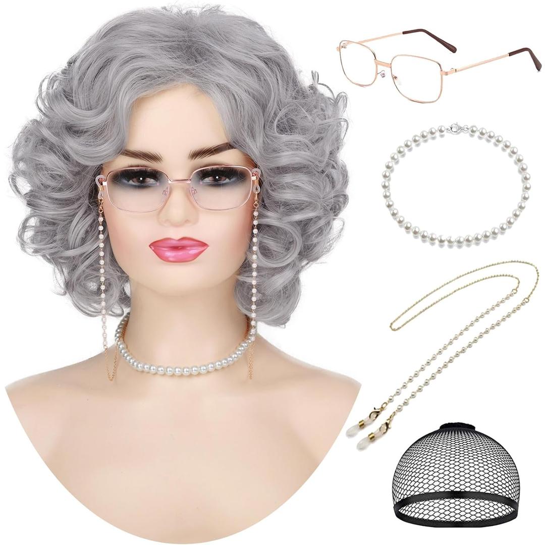 Old Lady Gray Wigs for Women Short Grey Curly Grandma Wig for 100th Days of School Cosplay Costume Halloween Party Synthetic Granny Wigs (5pcs Set)