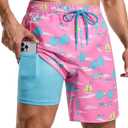 Mens 7 Inch Swim Trunks with Compression Liner and Zipped Pocket Quick Dry Board Shorts Bathing Suit for Beach (Pink, XXL)