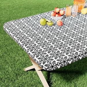 misaya Rectangle Vinyl Table Cloth, Elastic Fitted Flannel Backed Tablecloth, 100% Waterproof Plastic Table Cover Fits Folding Tables for Picnic, Camping, Outdoor (Black, 36" x 60")