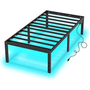 Twin XL Bed Frames for Kids 14 Inch Twin Bed Frame with LED Lights and Charging Station,Metal Bed with Storage Black Platform Bedsfor Boys Girls,No Box Spring Needed (14 Inch, Twin XL)