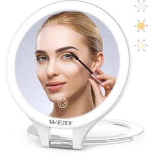 WEILY Magnifying Makeup Mirror 10X/1X, Travel Mirror with Light, Double Sided Rechargeable Mirror with 3 Color Lights for Makeup, Tweezing, Blackhead and Come Done Removal (White)