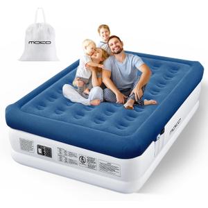 MoKo Air Mattress Queen with Built in Pump, 18'' Luxury Inflatable Mattress, 3 Min Fast Blow up Mattress with Dual-Chamber, Comfort Top - Velvety Air Bed for Home, Camping, Travel, Guests, White/Blue