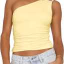 BAIGRAM Women Sleeveless Y2K Beaded Buckle One Shoulder Crop Tank Tops Asymmetric Ruched Slim Fit Summer Boho Going Out Tops Yellow (M)