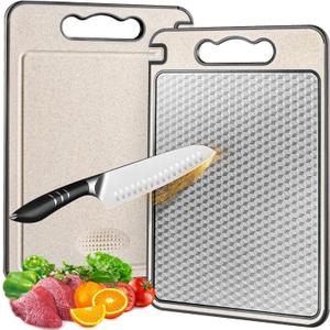 Stainless Steel Cutting Board for Kitchen, Non Toxic Large Chopping Board Double Sided Non-slip Scratch-resistant Mesh Design with Juice Groove Food-Grade Wheat Straw PP 15×10 In Easy to Clean