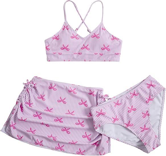 Floerns Girl's 3 Piece Swimsuit Cherry Print Cute Bikini Set with Cover Up Skirt, pink bow, 11 years