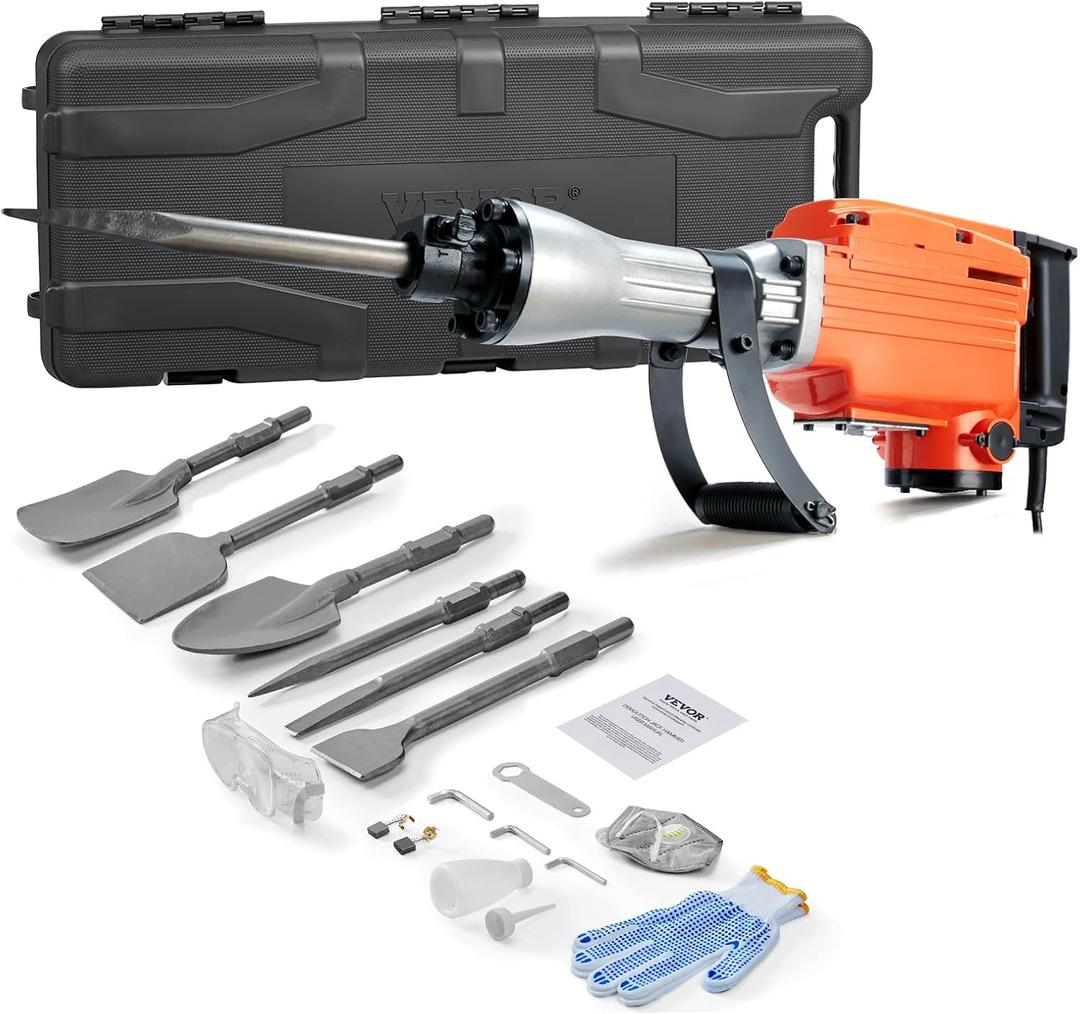 VEVOR Demolition Jack Hammer, MAX 2200W Electric Jackhammer Heavy Duty, 1350 BPM Concrete Breaker 6pcs Chisels Bit Chipping W/Case (Orange)