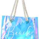 Sweetude Clear Beach Tote Bag Transparent Plastic PVC Women's Large Tote Waterproof Stadium Bags for Girl Summer Pool Party(Holographic)