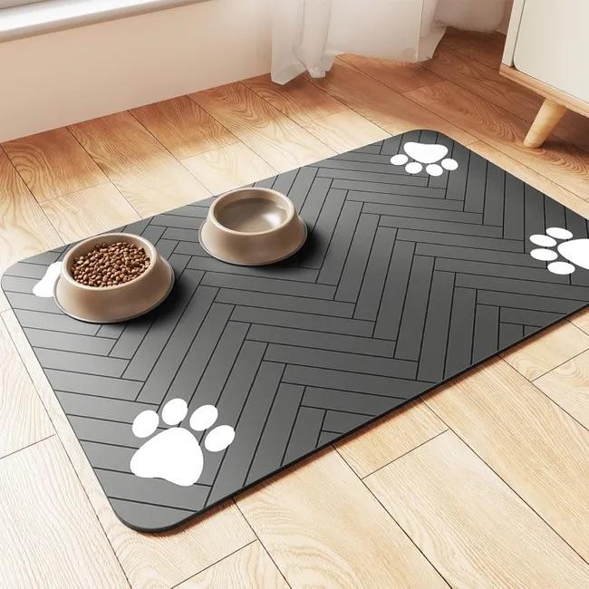 Dark Grey Pet Food Mat, 30 x 50 cm, Absorbent Quick-Drying Non-Slip Dog and Cat Bowl Mat, Washable Feeding Mat for Small Dogs