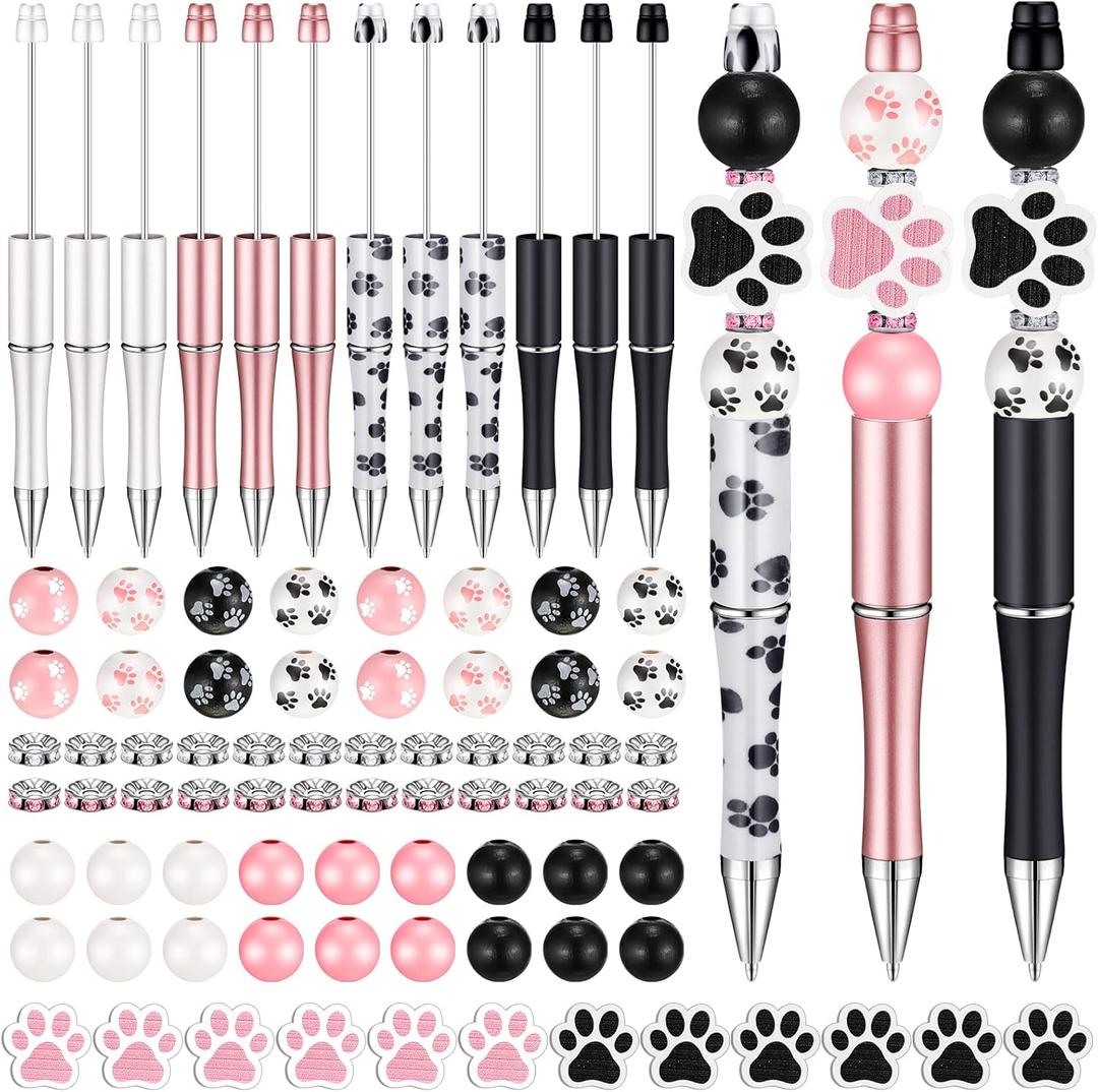Geyee 12 Set Plastic Beadable Pens Assorted Bead Pens Crystal Wood Round Spacer Set Black Ink DIY Ballpoint for Women Men Gift Office Supplies(Dog Paw)