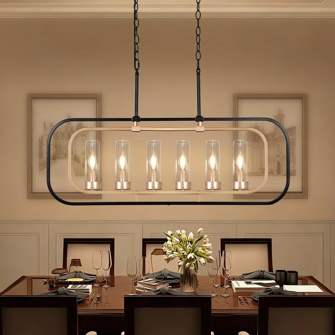 36" Linear Chandeliers for Dining Room, Black and Gold Glass Chandelier | Dining Table Chandelier, Height Adjustable, 3 Color Temperature