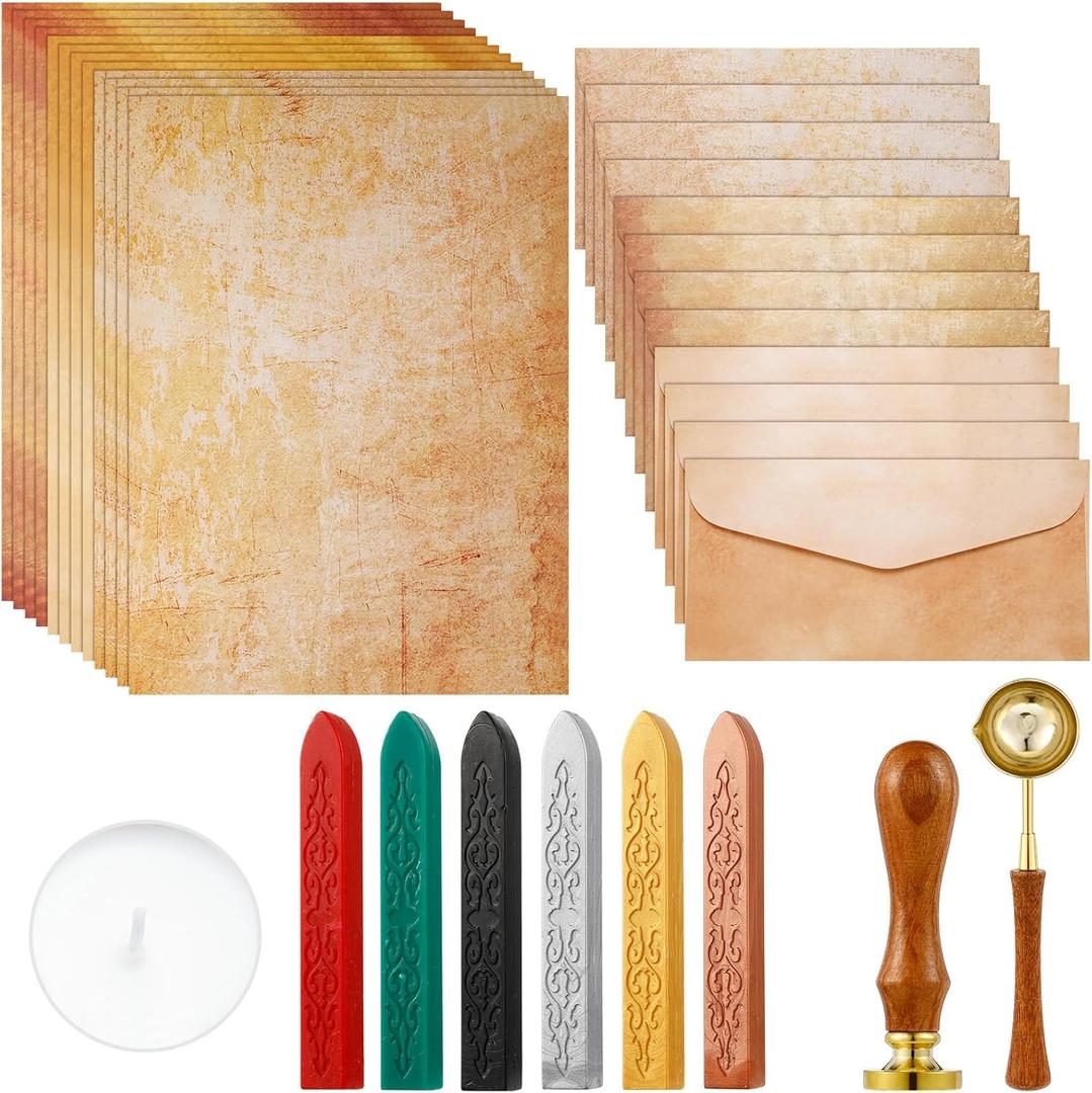 33 Pieces Vintage Paper and Envelopes Set, Including 12 Writing Stationery Paper Letter 12 Envelopes Sealing 6 Wax Sticks Seal Stamp Tea Candles and Wax Spoon for Stamp