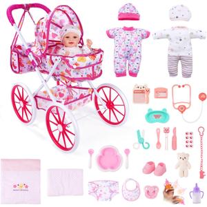 JIZHI Baby Doll Stroller Set, 27-Piece Foldable Doll Stroller with Baby Doll Accessories for Pretend Play, Feeding & Care Playset Gift for Girls 3+, Fits 12-Inch Dolls