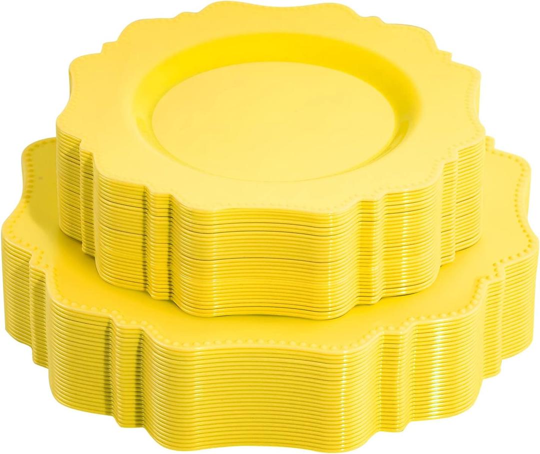 COLOSUS Disposable Lemon Yellow Plastic Plates 60Pcs, Light Baby Yellow Party Plates, Heavy Duty 30 Dinner plate 10.5 and 30 Salad/Dessert Plate 8.25 for Easter day Party Dinner
