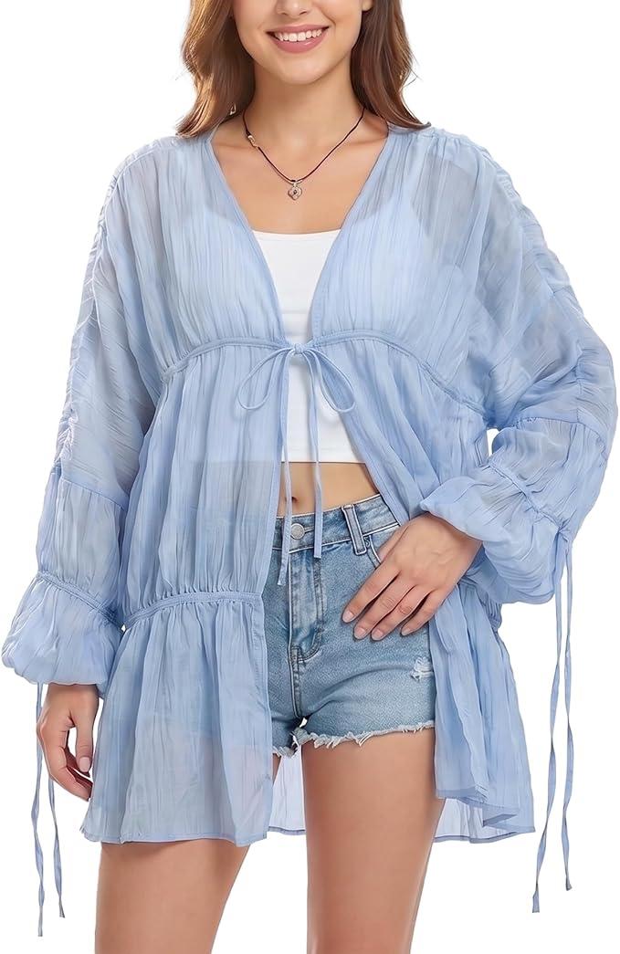 Womens Swimsuit Coverup Flowy Ruched Bell Sleeve Beach Cover Up Tops Summer Casual Long Chiffon Front Tie Cardigan Small