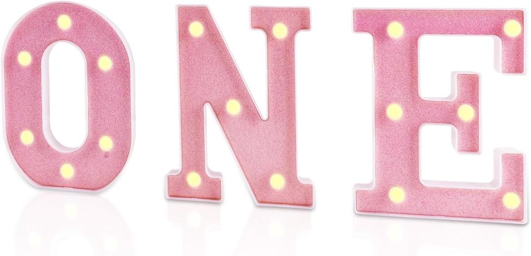 O N E Light Up Numbers, 1st Birthday Letter LED 3PCS ONE Number Lights for Girls Boys Baby 1 Year Old Birthday Party Decoration Supplies, Pink