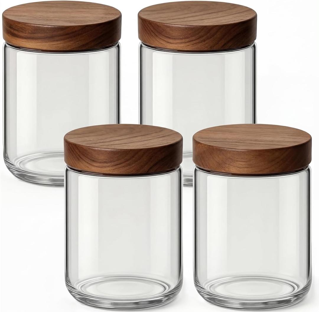 16oz 4 Pack Overnight Oats Containers with Lids, Glass Mason Jars with Acacia Wood Airtight Lids, Wide Mouth Meal Prep Storage Jars for Yogurt, Chia Pudding, Salad, Parfait, Snacks, Spice