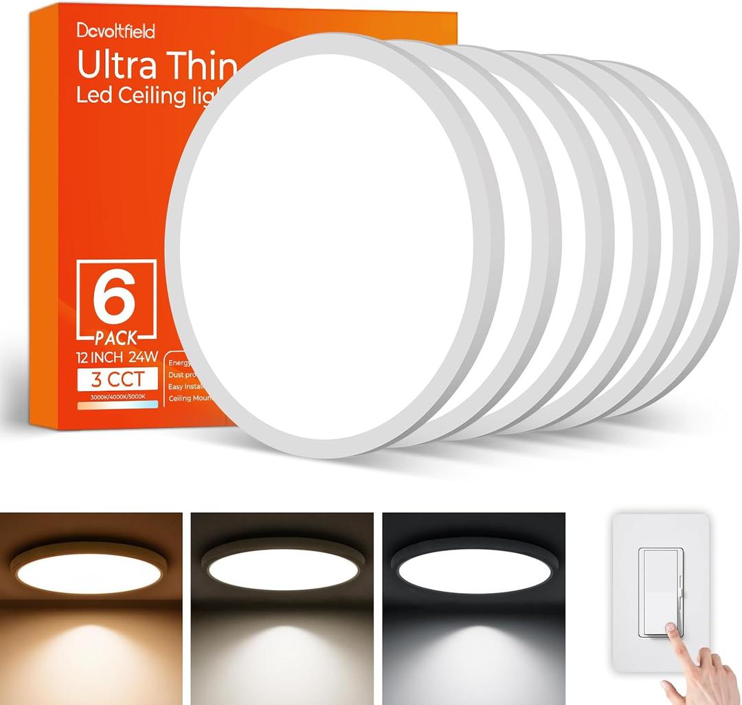 6Pack 12Inch LED Flush Mount Ceiling Light Fixture,24W 2400LM,Dimmable CCT 3000K/4000K/5000K,Round Flat Panel Light for Bedroom,0.7Inch Thin Modern Low Profile Ceiling Lights for Hallway,Porch