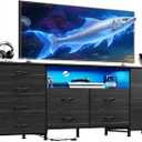 WLIVE 12 Drawer Dresser for Bedroom, Black Dresser TV Stand for 65, 70, 75 inch TV with Led Light & Charging Station, Wide Chest of Drawers with Open Shelves, Fabric Dressers for Closet, Living Room
