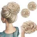 SARLA 2PCS Messy Hair Bun Hair Pieces Wavy Curly Synthetic Updo Fake Scrunchies Ponytail Extension for Women Cream Blonde