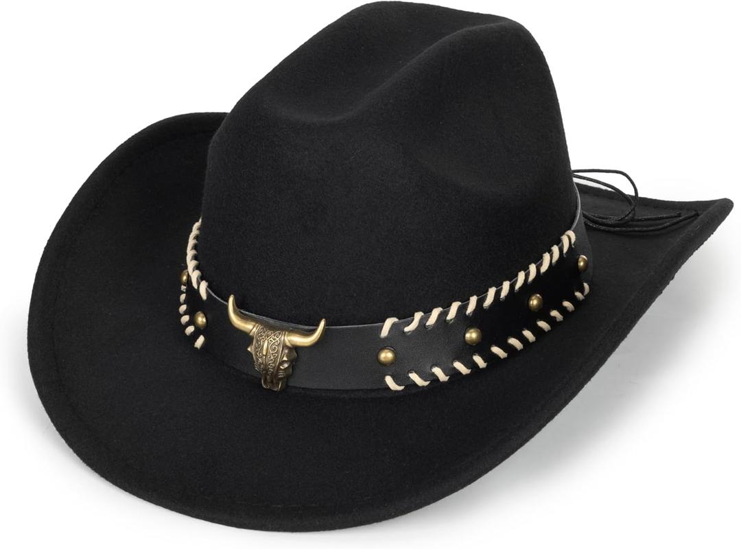 Western-Cowboy-Hats for Women Men - Classic Wide Brim Felt Fedora Unisex Upturn Bull Head Cowgirl Caps with Buckle Belt (Black)