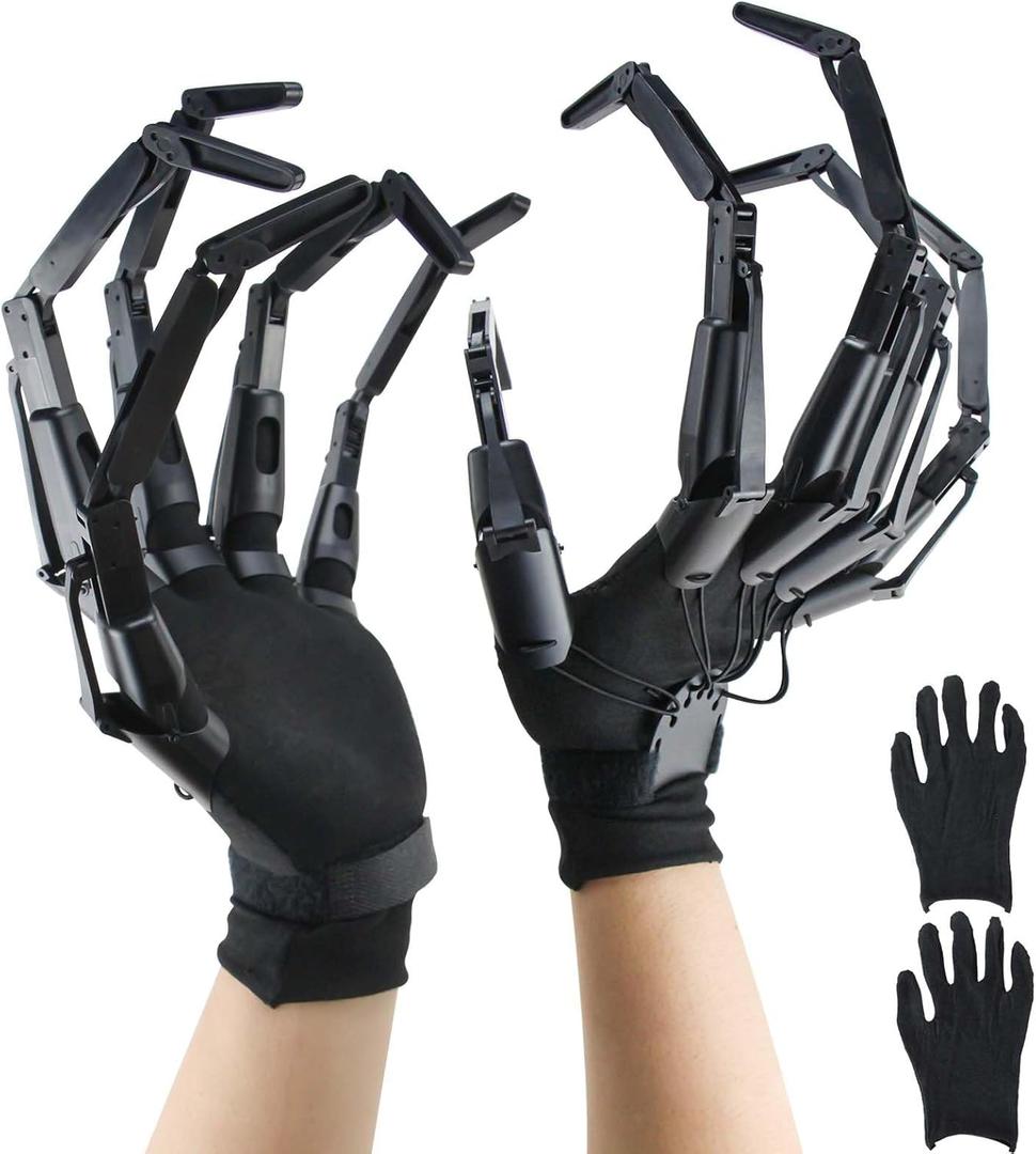 Articulated Fingers, Halloween Articulated Finger Extensions with Gloves, 3D Claw Hands Scary Skeleton Hands for Cosplay, Flexible Realistic Halloween Decoration Accessory Fits Most Finger Sizes-Black