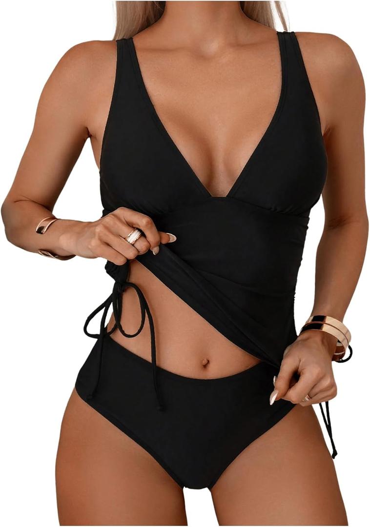 SweatyRocks Women's 2 Piece Bathing Suit Tankinis Deep V Neck Drawstring Side Swimsuit Tankini Set (Large, Black)