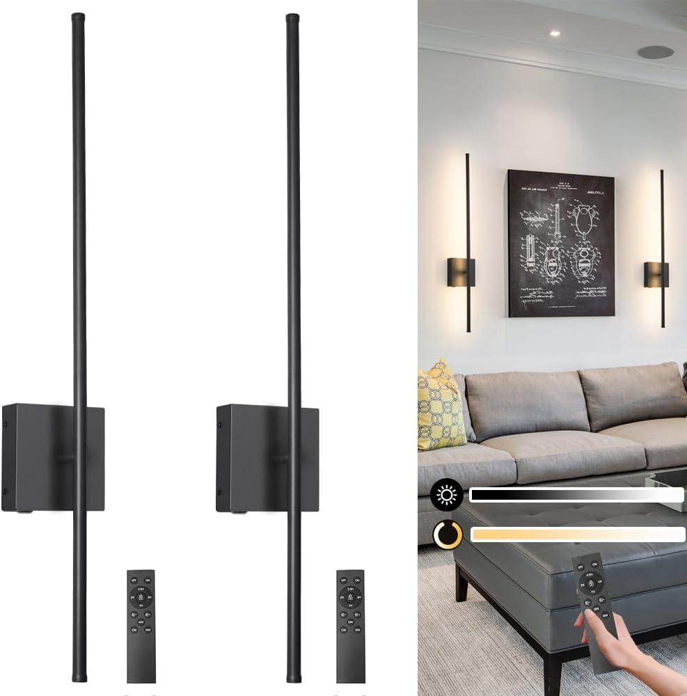 Battery Operated Wall Sconce Set of 2, Black USB Rechargeable Sconces Wall Deco Set of Two, Dimmable Cordless Wall Sconce with Remote Control, LED Wireless Wall Lighting,31.6 in