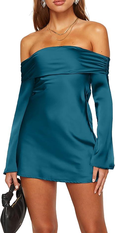HYPERFIRE Women's Elegant Satin Off The Shoulder Long Sleeve Mini Dress Tie Back Wedding Cocktail Dresses (Small)
