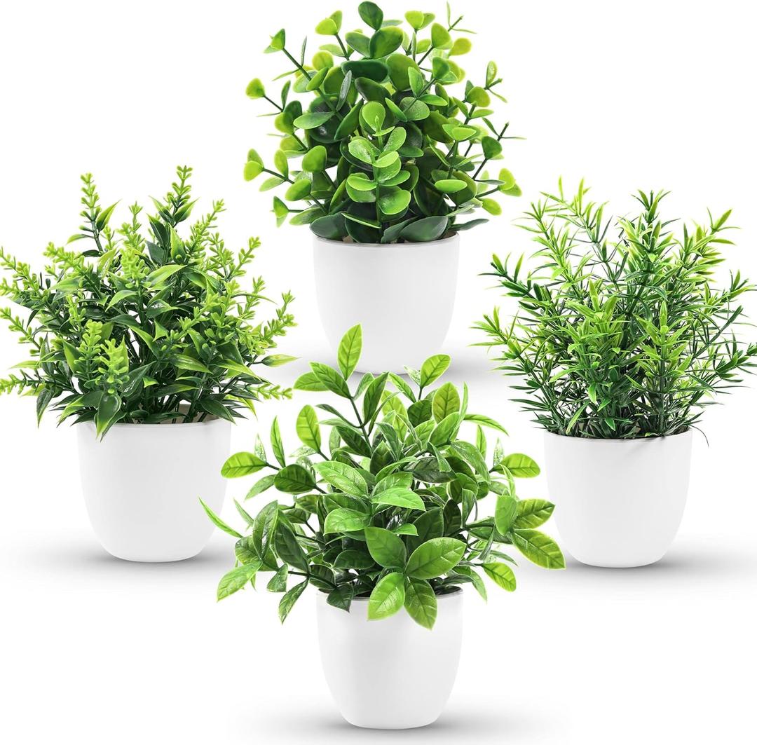 Der Rose Faux Plants Indoor, Pack of 4 Small Fake Plants Mini Artificial Plants in Pots for Home Office Shelf Farmhouse Bathroom Decor (Green)