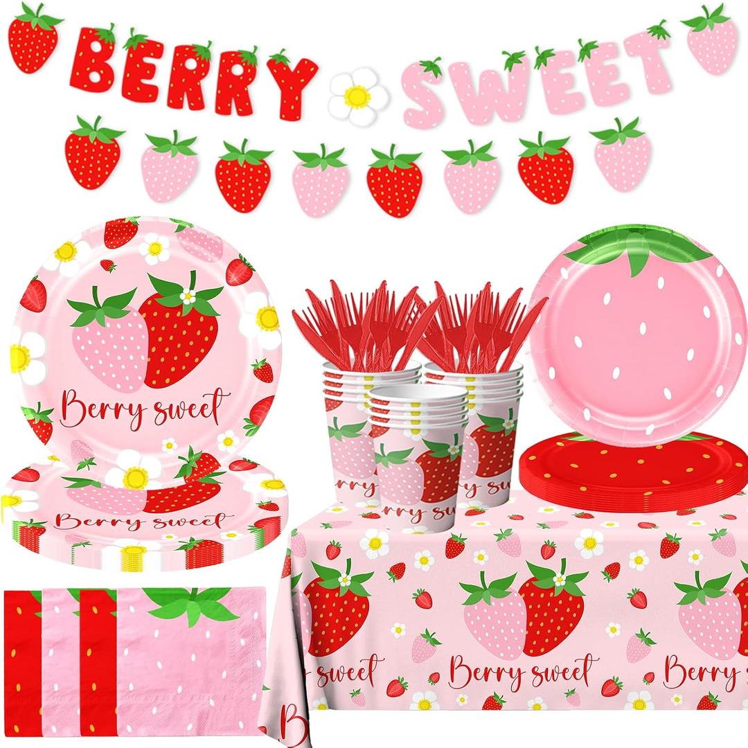 Strawberry Party Decorations,Strawberry Theme Birthday Party Tableware Set A Berry Sweet Baby Plates Napkins Cups for Berry First Birthday Party Supplies,Strawberry Baby Shower