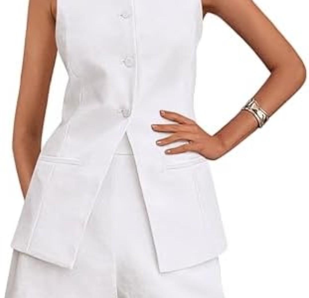 PRETTYGARDEN Women's 2 Piece Sets 2026 Summer Trendy Button Down Suit Vest Tops High Waisted Shorts Business Casual Outfits (White, Small)