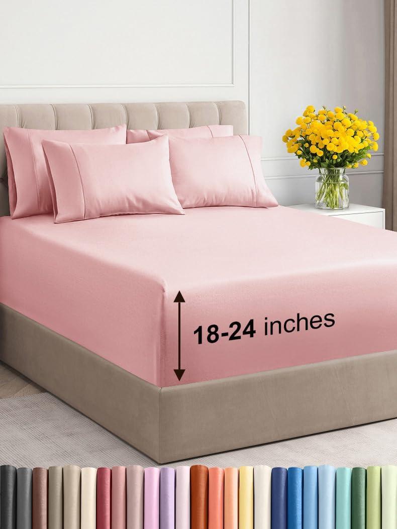 Extra Deep Queen Sheet Set - 6 Piece Breathable & Cooling Sheets - Hotel Luxury Bedding Set with 18-24 Inch Extra Deep Pockets - Easy Fit - Super Soft, Wrinkle Free and Comfy - Baby Pink, Queen Size