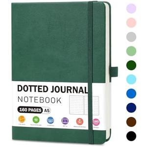 Pack of 2 EOOUT Dotted Journal Notebook for Women Men, 5.7'' X 8.3'' 160 Pages 100gsm Paper Dark Green Leather Hardcover Notebooks, A5 College Dotted with Pen Loop Notebook for Student, Office, School